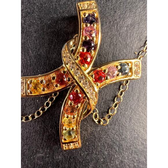 NEW Rainbow sapphire curved cross pendant and chain in gold over sterling silver - Picture 10 of 13
